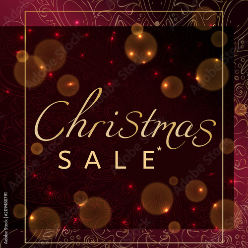 The Christmas sale. Advertising poster for the store. Bokeh and dark red background.