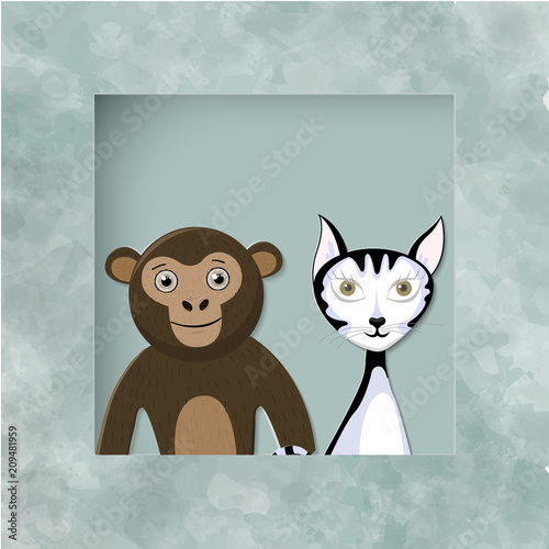 Illustrations of cute animal heads. Smiling animals. Children cartoons.cat, monkey