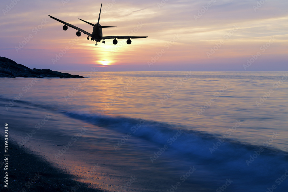 Airplane in the sky. Copy space of business summer vacation and travel adventure concept. Airplane sky and sunshine Airplane in the sky. Copy space of business summer vacation and travel adventure concept. Airplane sky and sunshine