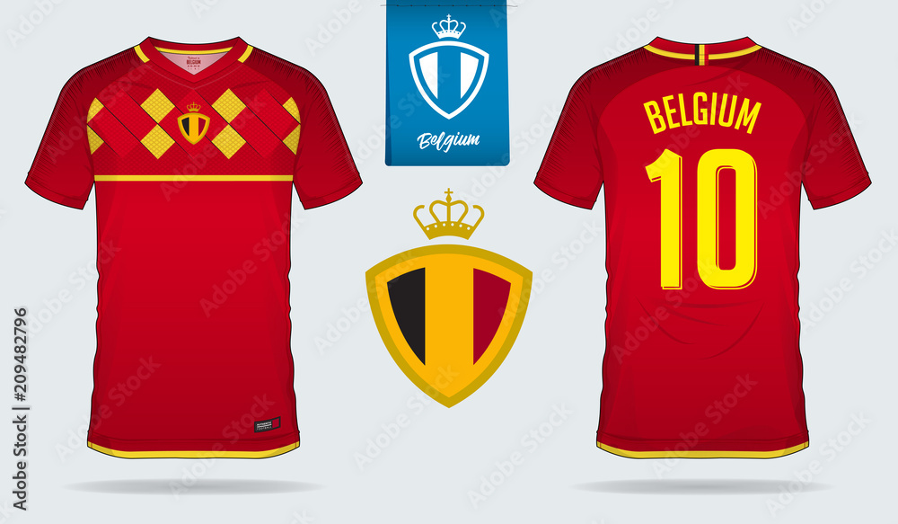 Soccer jersey or football kit template design for Belgium national football  team. Front and back view soccer uniform. Football t shirt mock up with  flat logo design. Vector Illustration Stock Vector