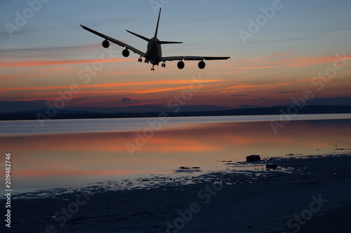 Airplane in the sky. Copy space of business summer vacation and travel adventure concept. Airplane sky and sunshine 