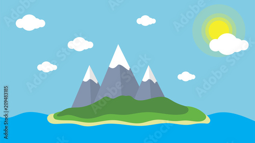 Vector view of the island in the sea with mountain landscape with snow on the peaks under a blue sky with clouds and sun.