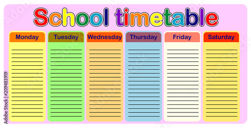 Template school timetable for students or pupils with days of week and free spaces for notes.