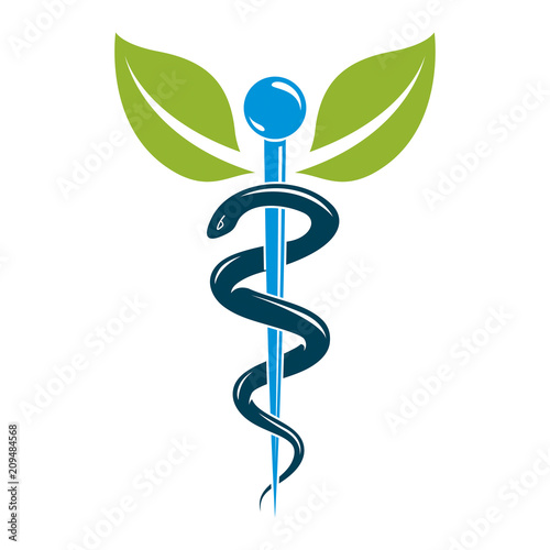Aesculapius vector abstract illustration created using snakes and green leaves, Caduceus symbol. Healthy lifestyle is strong heart.