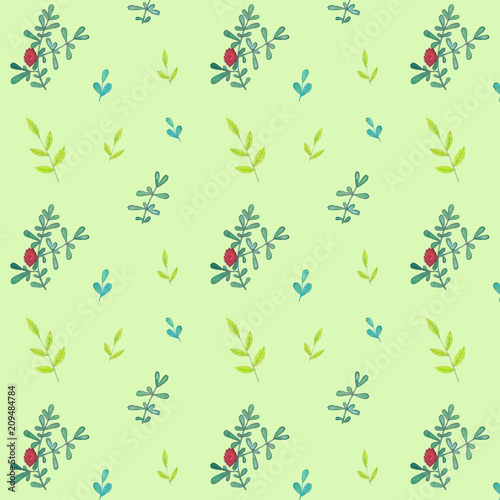 Seamless pattern, branches and leaves, watercolor