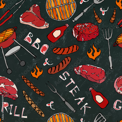 Seamless Pattern of Summer BBQ Grill Party. Steak, Sausage, Barbeque Grid, Tongs, Fork, Fire, Ketchup. Black Board Background and Chalk. Hand Drawn Vector Illustration. Savoyar Doodle Style.