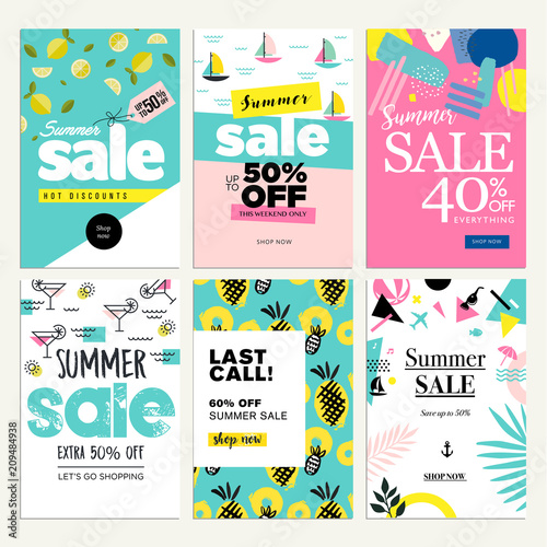 Set of mobile summer sale banners. Vector illustrations of online shopping ads, posters, newsletter designs, coupons, social media banners and marketing material.