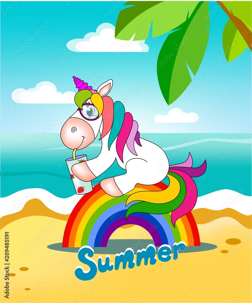 unicorn sits on the rainbow and drinks juice on the beach under the palm trees