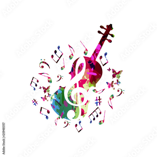 Music colorful background with music notes and violoncello vector illustration design. Music festival poster, creative cello design