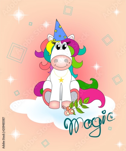 an iridescent horse sits on a cloud in a cap with asterisks