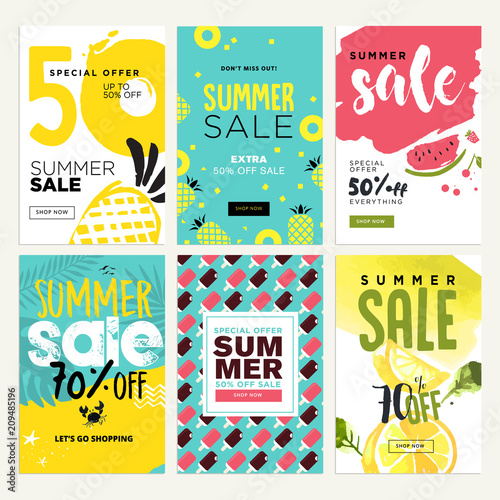 Set of mobile summer sale banners. Vector illustrations of online shopping ads, posters, newsletter designs, coupons, social media banners and marketing material.