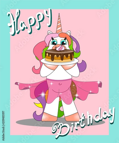 a rainbow unicorn in a transparent skirt holds a cake, in the background with the inscription Happy Birthday
