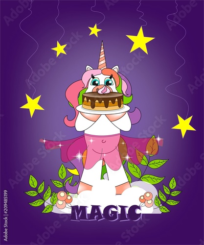 Unicorn on a cloud holds a cake on a purple background with dangling stars