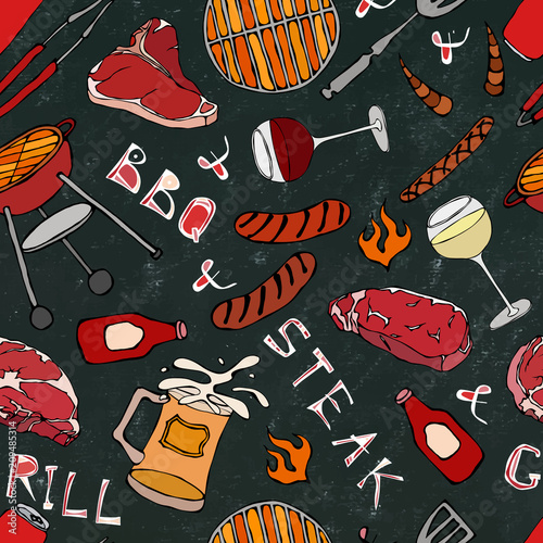 Seamless Pattern of Summer BBQ Grill Party. Glass of Red, White VineSteak, Sausage, Barbeque Grid, Tongs, Fork. Black Board Background and Chalk. Hand Drawn Vector Illustration. Savoyar Doodle Style.