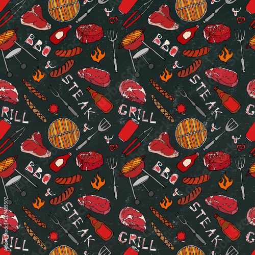 Seamless Pattern of Summer BBQ Grill Party. Steak, Sausage, Barbeque Grid, Tongs, Fork, Fire, Ketchup. Black Board Background and Chalk. Hand Drawn Vector Illustration. Savoyar Doodle Style.