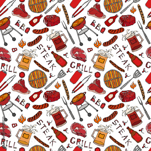 Seamless Pattern of Summer BBQ Grill Party. Steak, Sausage, Barbeque Grid, Tongs, Fork, Fire, Ketchup. Hand Drawn Vector Illustration. Savoyar Doodle Style.