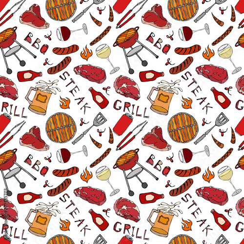 Seamless Pattern of Summer BBQ Grill Party. Glass of Red, White VineSteak, Sausage, Barbeque Grid, Tongs, Fork. Hand Drawn Vector Illustration. Savoyar Doodle Style.