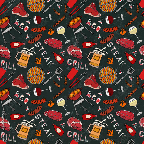Seamless Pattern of Summer BBQ Grill Party. Glass of Red, White VineSteak, Sausage, Barbeque Grid, Tongs, Fork. Black Board Background and Chalk. Hand Drawn Vector Illustration. Savoyar Doodle Style.