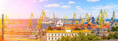 Panorama of the port cranes ships containers