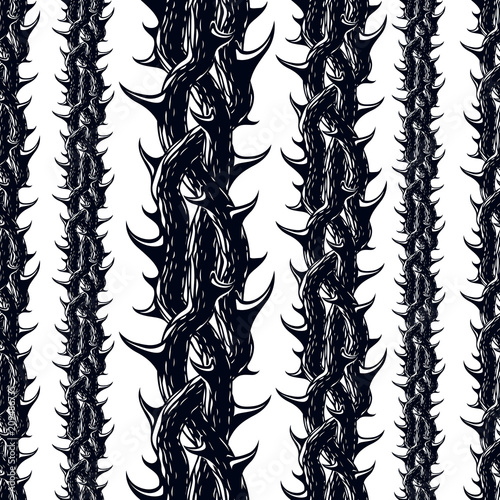Disgusting horror art and nightmare seamless pattern, vector background. Blackthorn branches with thorns stylish endless illustration. Hard Rock and Heavy Metal subculture 