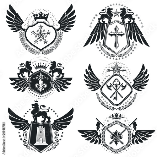 Heraldic emblems isolated vector illustrations. Collection of symbols in vintage style.
