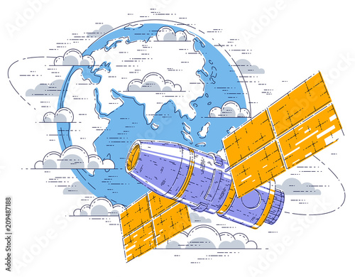 Space station flying orbital spaceflight around earth, spacecraft spaceship iss with solar panels, artificial satellite. Thin line 3d vector illustration.