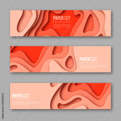 3d paper cut horizontal banners. Shapes with shadow in different terracotta color tones. Papercraft layered art. Design for decoration, business presentation, posters, flyers, prints. Vector.