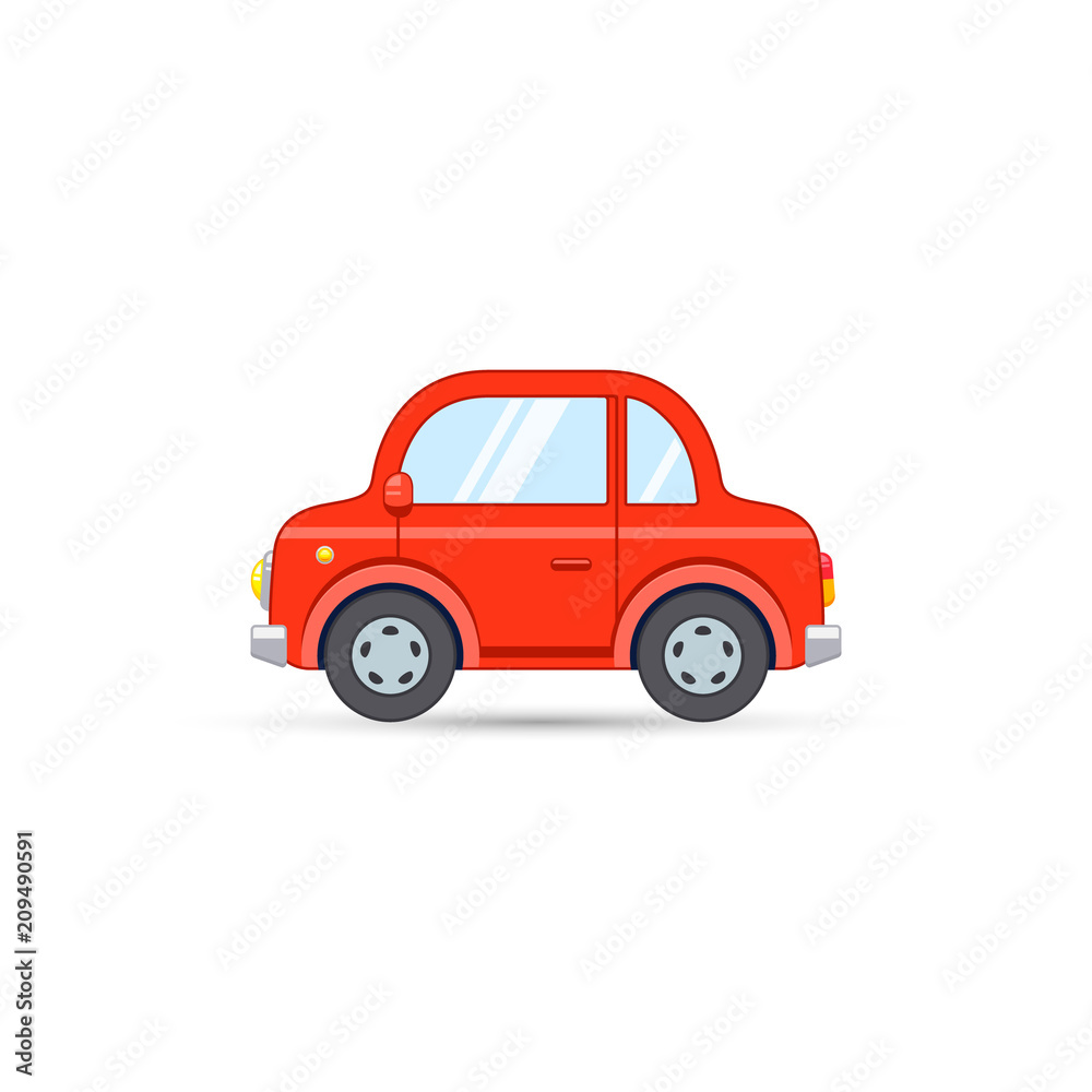 Red car side view in cartoon flat style. Vector transport icon isolated on white background