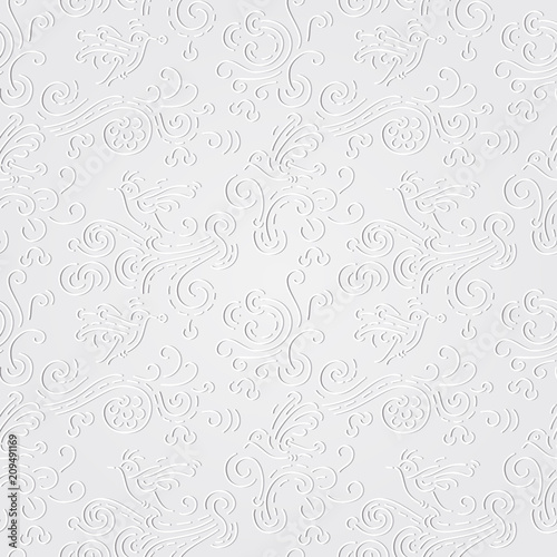 Silver background, Birds in Cherry tree seamless pattern. Hand drawn wallpaper or textile pattern in vector format. 