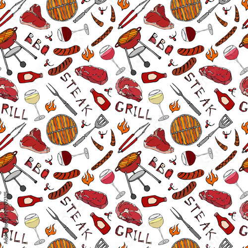 Seamless Pattern of Summer BBQ Grill Party. Glass of Red, Rose and White Vine, Steak, Sausage, Barbeque Grid, Tongs, Fork, Fire, Ketchup. Hand Drawn Vector Illustration. Savoyar Doodle Style.