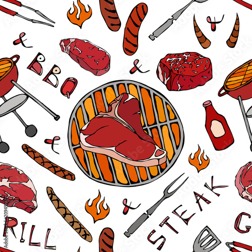 Seamless Pattern of Summer BBQ Grill Party. Big T-Bone Steak, Sausage, Barbeque Grid, Tongs, Fork, Fire, Ketchup. Hand Drawn Vector Illustration. Savoyar Doodle Style.