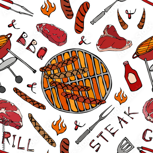 Seamless Pattern of Summer BBQ Grill Party. Big Sausages, Barbeque Grid, Tongs, Fork, Fire, Ketchup. Hand Drawn Vector Illustration. Savoyar Doodle Style.