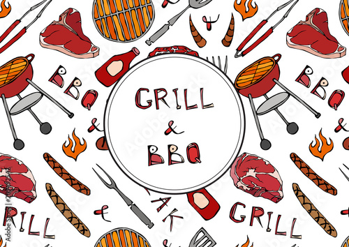 Grill and BBQ Lettering. Seamless Pattern of Summer BBQ Grill Party. Steak, Sausage, Barbeque Grid, Tongs, Fork, Fire, Ketchup. Hand Drawn Vector Illustration. Savoyar Doodle Style.