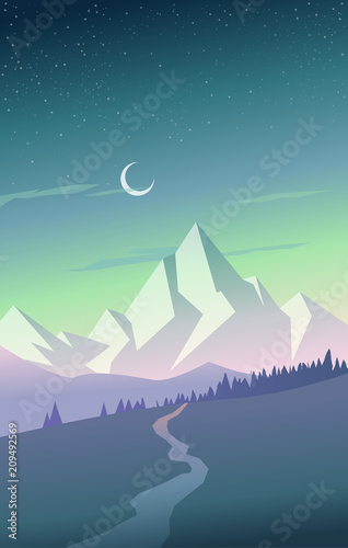 Summer mountain scenery with pine trees, river and hills at the back. Vertical version wallpaper for mobile phones.