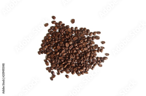 Roasted coffee beans pile on white background. Coffee house concept. 