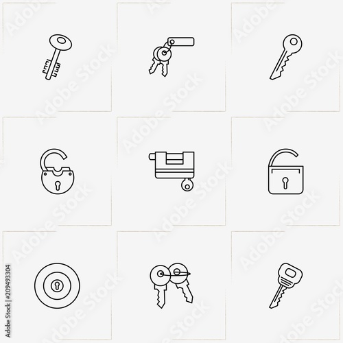 Lock & Key line icon set with keys , lock and door lock