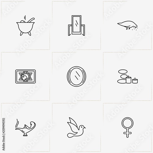 Magic line icon set with aladdin lamp , magic cauldron and ouija board
