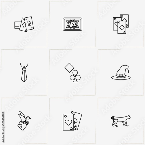 Magic line icon set with witch hat , dove and ouija board