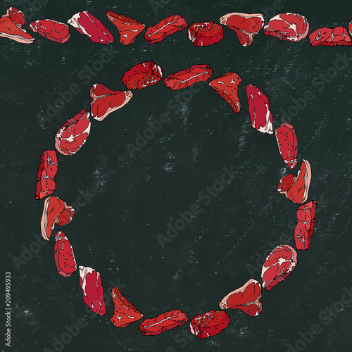 Black Board Background and Chalk. Wreath Round Frame of Popular Steak Types.Steak House Restaurant Menu. Hand Drawn Illustration. Savoyar Doodle Style. Porterhouse, T-bone, New York Strip, Rib Eye.