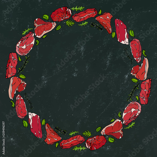 Black Board Background and Chalk. Wreath Round Frame of Popular Steak Types.Steak House Restaurant Menu. Hand Drawn Illustration. Savoyar Doodle Style. Porterhouse, T-bone, New York Strip, Rib Eye.