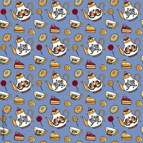 Seamless pattern with different tea, tea cups, lemons, donuts and confection