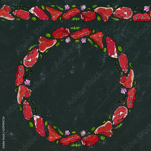 Black Board Background and Chalk. Wreath Round Frame of Popular Steak Types.Steak House Restaurant Menu. Hand Drawn Illustration. Savoyar Doodle Style. Porterhouse, T-bone, New York Strip, Rib Eye.