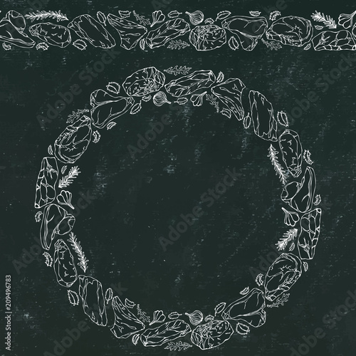 Black Board Background and Chalk. Wreath Round Frame of Popular Steak Types.Steak House Restaurant Menu. Hand Drawn Illustration. Savoyar Doodle Style. Porterhouse, T-bone, New York Strip, Rib Eye.