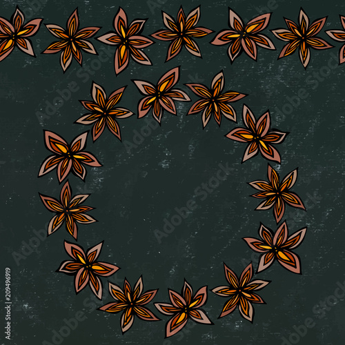 Black Board Background and Chalk. Endless Pattern Brush, Round Garland with with Anise Star Seeds. Molted Wine or Sangria Coctail. Hand Drawn Vector Illustration. Savoyar Doodle Style.