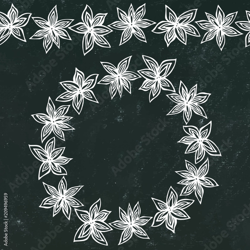 Black Board Background and Chalk. Endless Pattern Brush, Round Garland with with Anise Star Seeds. Molted Wine or Sangria Coctail. Hand Drawn Vector Illustration. Savoyar Doodle Style.