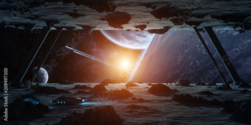 Fototapeta Naklejka Na Ścianę i Meble -  Astronauts exploring an asteroid spaceship 3D rendering elements of this image furnished by NASA