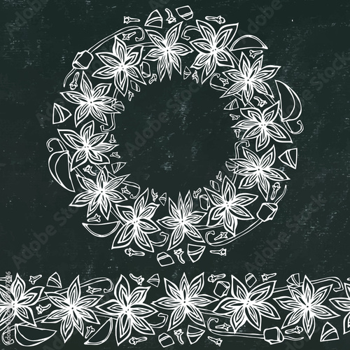 Black Board Background and Chalk. Endless Pattern Brush, Round Garland with with Anise Star Seeds. Molted Wine or Sangria Coctail. Hand Drawn Vector Illustration. Savoyar Doodle Style.