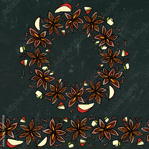 Black Board Background and Chalk. Endless Pattern Brush, Round Garland with with Anise Star Seeds. Molted Wine or Sangria Coctail. Hand Drawn Vector Illustration. Savoyar Doodle Style.