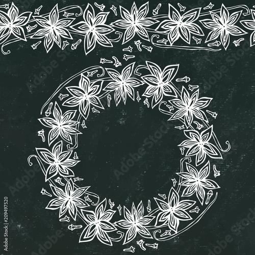 Black Board Background and Chalk. Endless Pattern Brush, Round Garland with with Anise Star Seeds. Molted Wine or Sangria Coctail. Hand Drawn Vector Illustration. Savoyar Doodle Style.