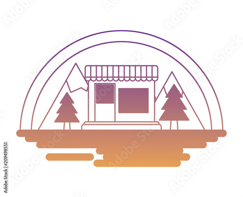 store and trees over landscape and white background, colorful design. vector illustration